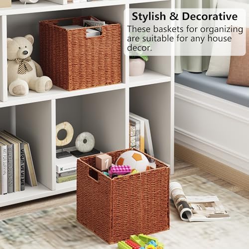 Vagusicc Wicker Storage Basket, Set of 2 Hand-Woven Paper Rope Wicker Baskets, Foldable Cube Storage Bins, 11 inch Stora