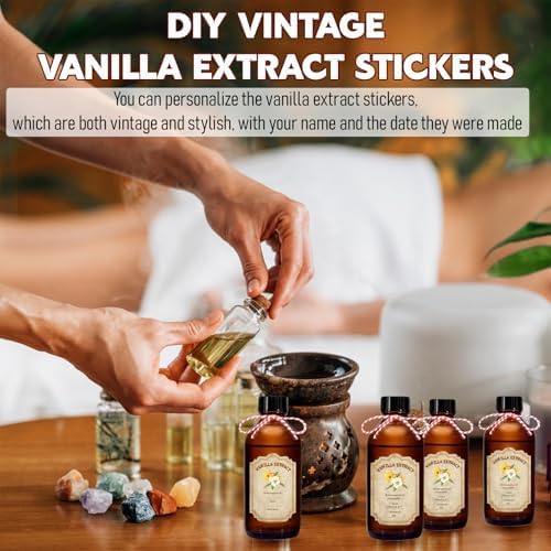 12 Pack 2 Ounce Amber Glass Bottle with Lids Vanilla Extract Homemade Brown Bottle 2 oz and 12Pcs Vanilla Extract Stickers for Syrup Gift Glass