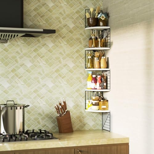 Love-KANKEI Corner Wall Shelf 5 Tier,Solid Wood/Metal Bracket,51"Tall,White