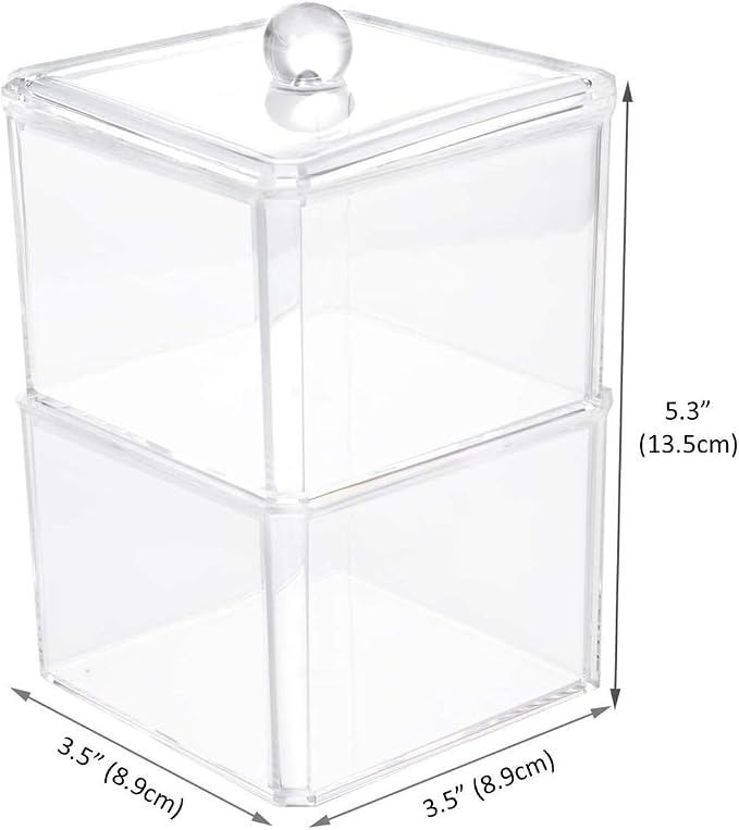 Square Acrylic Cotton Ball Pads Gauze Swab Holder Organizer Q-tip Dispenser Storage Canister Bathroom Container Flossers Box Case (3.5 x 3.5 x 5.3 inches, Two Tiers, Transparent)