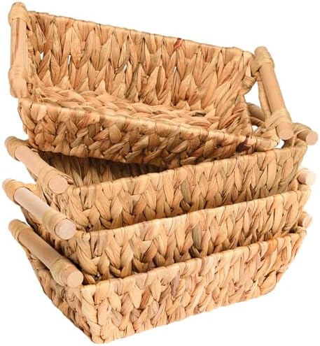 Small Wicker Baskets for Organizing, Water Hyacinth Wicker Storage Basket with Handle, Pantry Baskets for Shelves, Toile