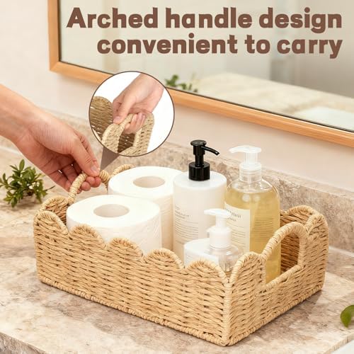 Hand Woven Paper Rope Scalloped Edge Decor Baskets for Home,Living Room, Bedroom,Storage over Above Behind Flush Tank,To