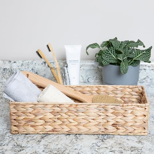 Household Essentials Water Hyacinth Rectangular Storage Basket with Handwoven Fibers and Iron Frame, Natural Finish