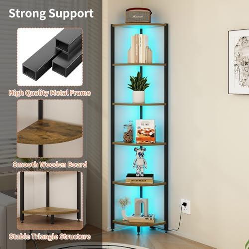 6-Tier Corner Shelf with LED Lights - 65" Tall Narrow Bookshelf, Standing Shelf with Storage Rack, Sturdy Metal Frame & 