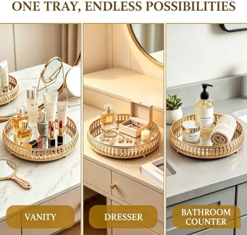 YUEHUA 10.4" Gold Mirror Vanity Tray for Dresser, Jewelry & Makeup