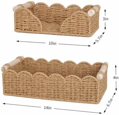2 Pack Scalloped Paper Rope Toilet Paper Baskets with Wood Handles