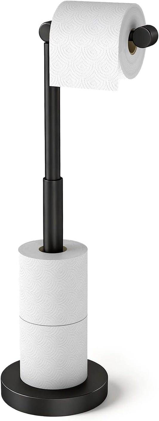 YUMORE Toilet Paper Holder Stand, 25" 4.5lbs Heavy Duty Freestanding Roll Dispenser with Storage, Open-Ring Stainless Steel Bathroom Tissue Organizer (Black)