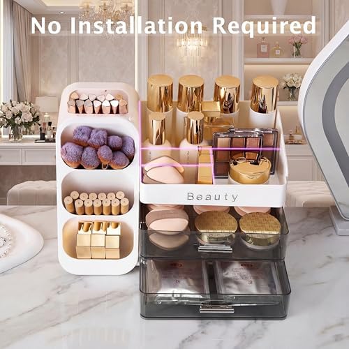 Makeup Organizer for Vanity with Brush Holder, Countertop Makeup organizer with Drawers for Skincare, Cosmetics, Perfume