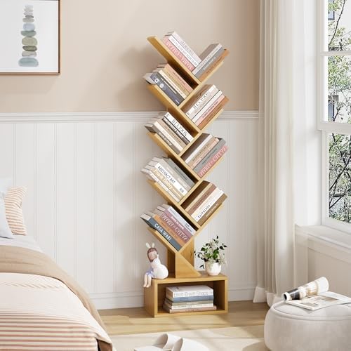Hoctieon 9 Tier Tree Bookshelf, Tall Bookcase with Drawer, Wood Book Shelf, Modern Floor Standing Bookshelves, Book Orga
