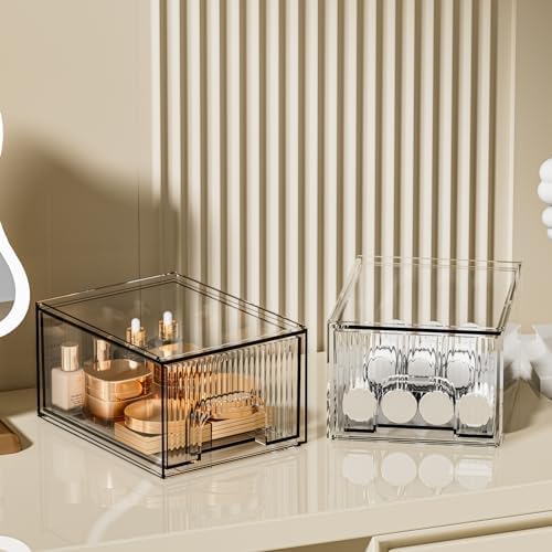 ZHIAI 2 Pack Clear Stackable Cosmetic Organizer, Acrylic Drawer, Plastic Organizer for Dresser, Vanity, Kitchen Cabinet,