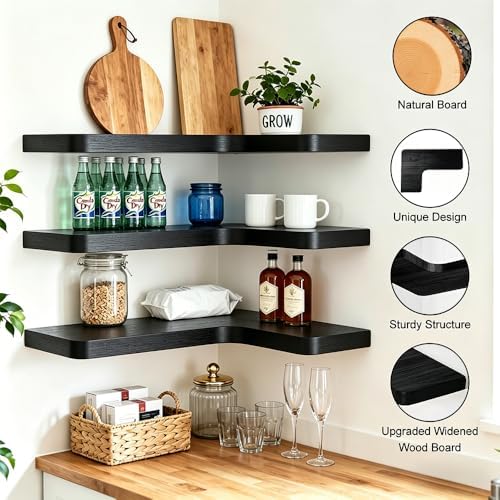 Floating Corner Shelves, Wall Shelf Set of 3, Shelves for Wall Storage, Solid Wood Shelves for Storage, Wall Mount Woode