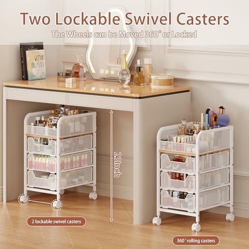 Rolling Makeup Cart Organizer with 3 Drawers, 4-Tier Narrow Floor Skincare Organizers with dividers, Vanity Organizer Co