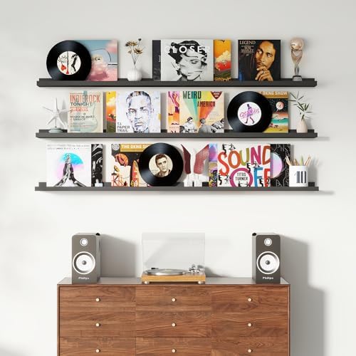 Axeman Picture Ledge Shelf, 72 Inch Black Floating Shelves Set of 3