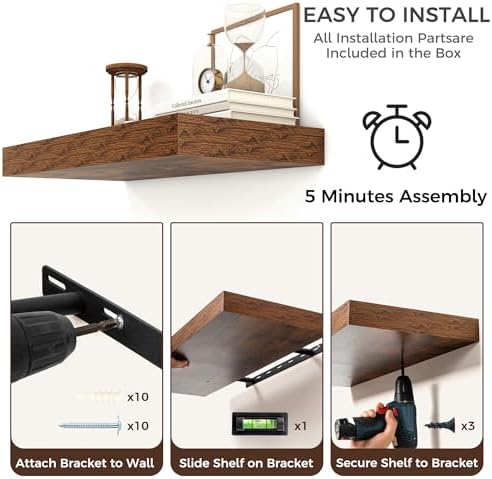 30 Inch Floating Shelves for Wall, 6.5"D Wood Storage Shelves, Brown Finish