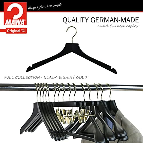 MAWA by Reston Lloyd, European Wooden Hanger, Beech Wood Straight Hanger with Shoulder Notches, Rotating Gold Hook, Blac