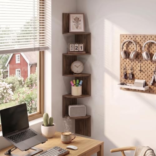 Furinno Rossi 5-Tier Corner Floating Book Shelves for Wall, Columbia Walnut