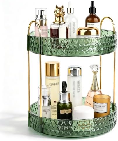 Large Capacity Rotating Makeup Organizer Perfume Stand Holder, 2 Tier Green