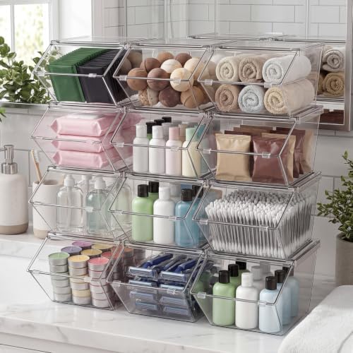 Yerliker 12 Pcs Clear Plastic Storage Bins with Lids Stackable Pantry Storage Organizer Kitchen Cabinet Organizers Ideal