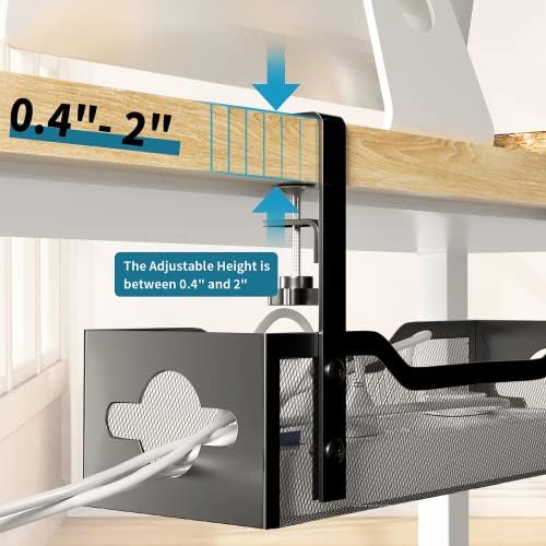 Under Desk Cable Management Tray No Drill, Metal Mesh Cable Management Under Desk with Clamp Mount, 2 Hole Cable Tray wi