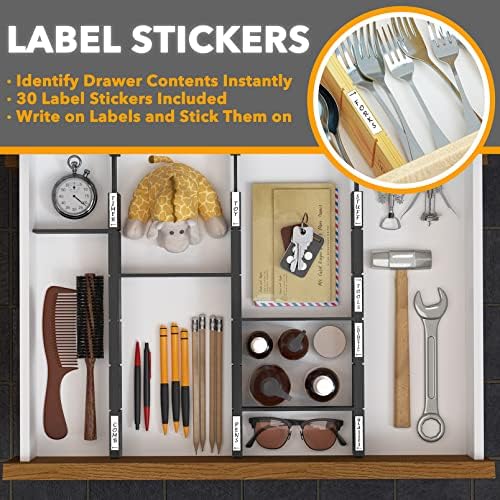 SpaceAid Bamboo Drawer Dividers with Inserts and Labels, Kitchen Adjustable Drawer Organizers, Expandable Organization for Home, Office, Dressers, 4 Dividers with 9 Inserts (17"-22" Black)