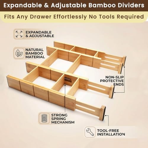 6 Pack Bamboo Drawer Dividers with 12 Inserts, Adjustable 17–22 Inch Expandable Drawer Organizer for Kitchen, Dresser & 