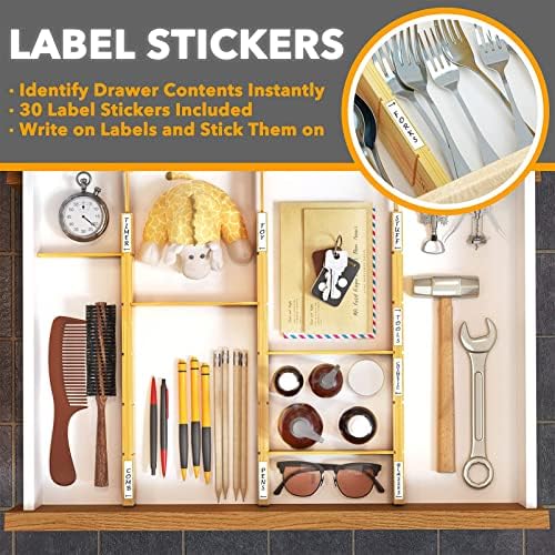 SpaceAid Bamboo Drawer Dividers with Inserts and Labels, Kitchen Adjustable Drawer Organizers, Expandable Organization for Home, Office, Dressers and Bathroom, 6 Dividers with 12 Inserts (13.25-17 in)