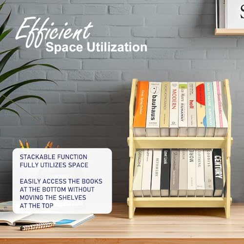 2 pack Desktop Bookshelf, Stackable Book Organizer with Handle, storage rack for CD/Magazine/File Folder, Portable Small