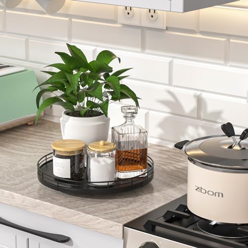 Oroyutor 10-Inch Oak Lazy Susan Countertop Organizer with Black Metal Rail