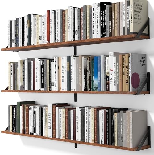 Heimlove 48 Inch Large Wall Bookshelves Set of 3, Wall Mounted Bookshelves,Heavy Duty Wooden Shelves for Living Room,Bed