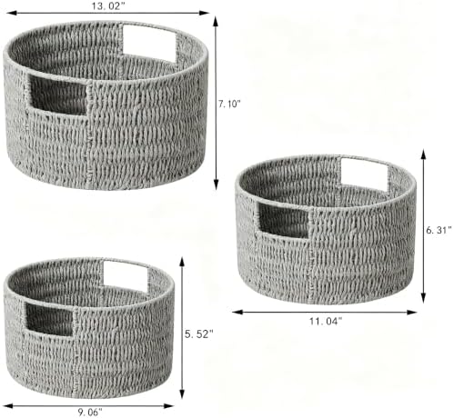 Vagusicc Wicker Storage Basket, Hand-Woven Paper Rope Large Round Woven Basket With Handles, Wicker Baskets for Organizing/Storage, Grey, 3-Pack
