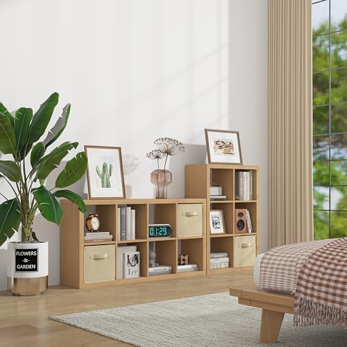 furtble Bookshelf with Storage Bin, 6-Cube Storage Organizer, Modern Wood Open Bookcase, Multifunctional Display Shelf f