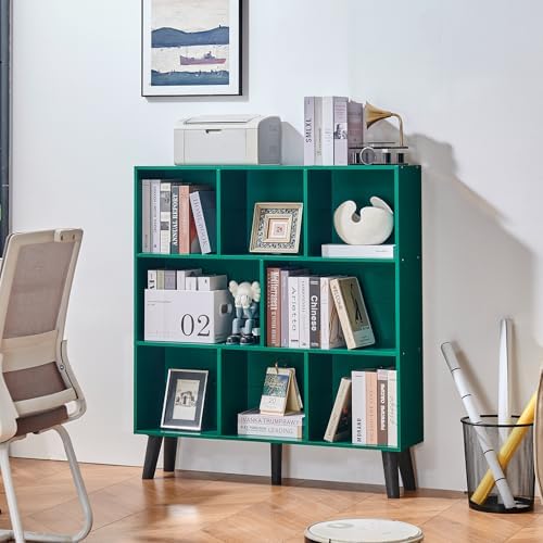 LEYAOYAO 8 Cube Bookshelf,Mid-Century Modern Bookcase with Legs,Dark Green