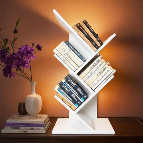Godferyxin Small Bookshelf with Liting,5-Tier Desktop White Bookshelf LED