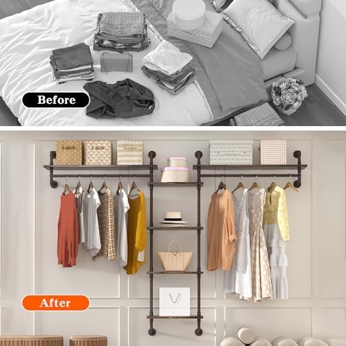 Helsin 5-Tiers 74inch Large Rustic Industrial Pipe Floating Shelving, Wall Mounted Heavy Duty Clothes Rack with Double H