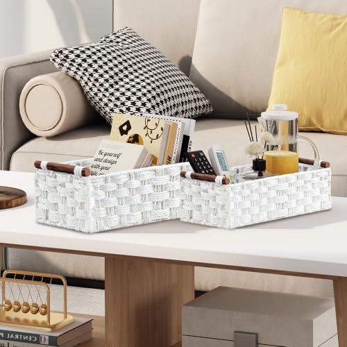 Vagusicc Wicker Storage Basket, Set of 2 Hand-Woven Paper Rope Wicker Basket for Organizing with Handle Decorative Stora