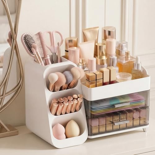 Large Capacity Makeup Organizer Countertop with Makeup Brush Holder for Vanity, Thickened Material, Bathroom Countertop 