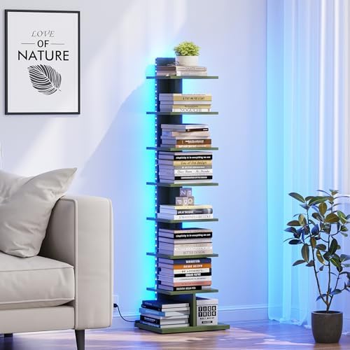 TUTOTAK Book Shelf, Narrow Spine Bookshelf, 8-Tier Bookcase with LED Lights