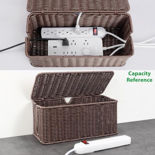 ZhiYo Rattan Cable Management Box, Dark Brown, 13.5" x 6.2" x 6"