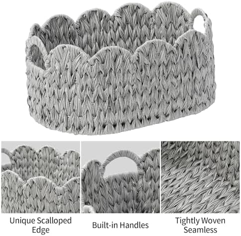Coeusy Wicker Scalloped Basket Set of 2,Woven Storage Baskets for Shelves,Closet,Laundry,Gift,Towels,Books,Toys,Waterproof Cute Decor Basket for Organizing,Grey