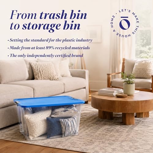 HOMZ Clear Plastic Storage Bin with Secure Latching Blue Lid, 64 Qt, 2 Pack