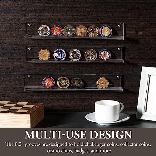 MyGift Challenge Coin Display, Wall Mounted Clear Acrylic Shelves, Set of 3