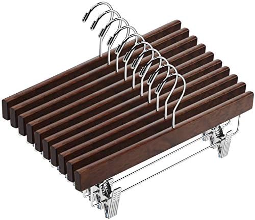 AMKUFO 20pcs Wooden Pants Hangers Solid Pants Hangers with Adjustable Clips 14 Inch Walnut Wood Skirt Hangers Trousers Bottom Hanger with Non-Slip Clips and 360° Swivel Hook