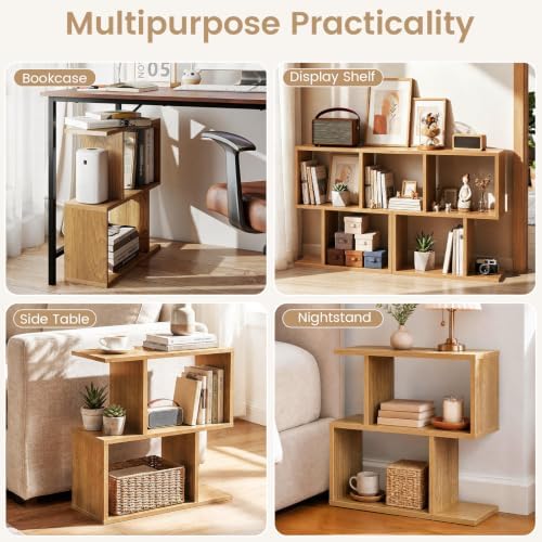GIANTEX 3-Tier Wood S-Shaped Geometric Bookshelf Set of 2, Natural
