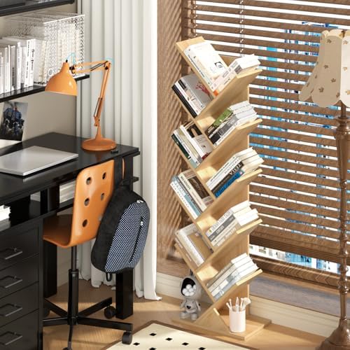 10 Tier Tree Book Shelf, Floor Standing Wood Bookshelf for Narrow Space