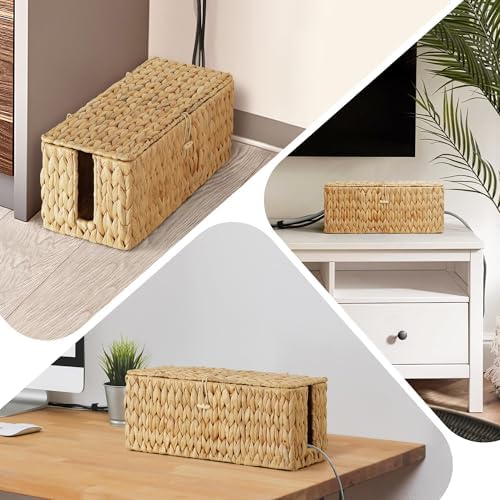 Posprica Cable Management Box with Lid, 2Pack Handwoven Real Water Hyacinth Cord Hider Organizer Boxes, 2 Side Open Slot