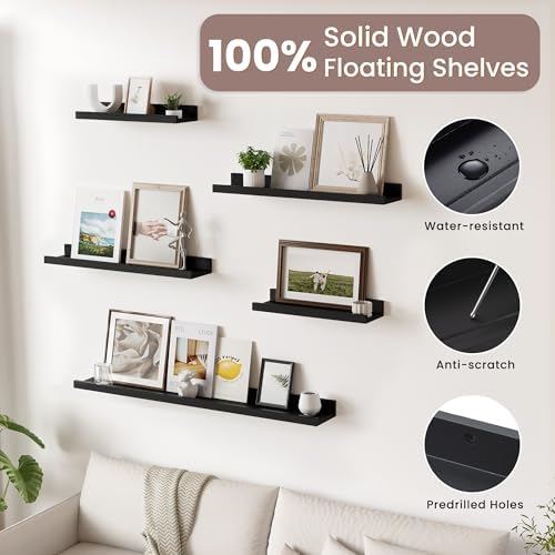 Acovy Long Floating Shelves for Wall, 48 inch Solid Wood Picture Ledge Shelf, Picture Shelf for Wall with Ledge, Floating Book Shelves for Living Room Bedroom Kitchen Nursery Decor, Black, Set of 2