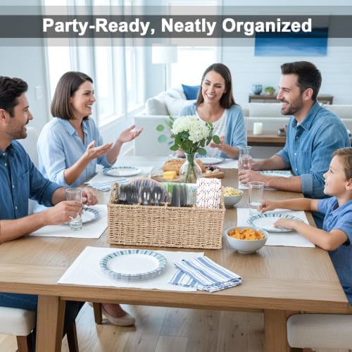 Wicker Party Silverware Caddy, Water Hyacinth Plastic Cutlery Utensil Holder, Hand Woven with Handles, Kitchen Counterto