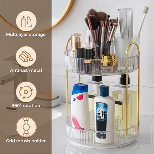360° Rotating Makeup Organizer, Upgraded 2 Tier Skincare Perfume Organizers for Women, Bathroom Organizer Countertop, Cl