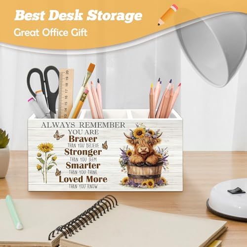 Inspirational Highland Cow Pen Holder Organizer for Desk Accessories, Positive Quote Heifer Wooden Box Sign Desk Decorations for Home Office Decor, Highland Cow Gifts for Women