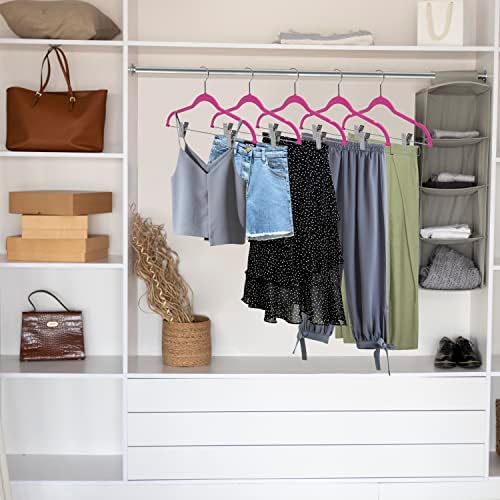 80 Pack Pink Quality Plastic Non Velvet Non-Flocked Thin Compact Coat Hangers with Metal Clips for Skirts Pants Blouses 360° Swivel Hook